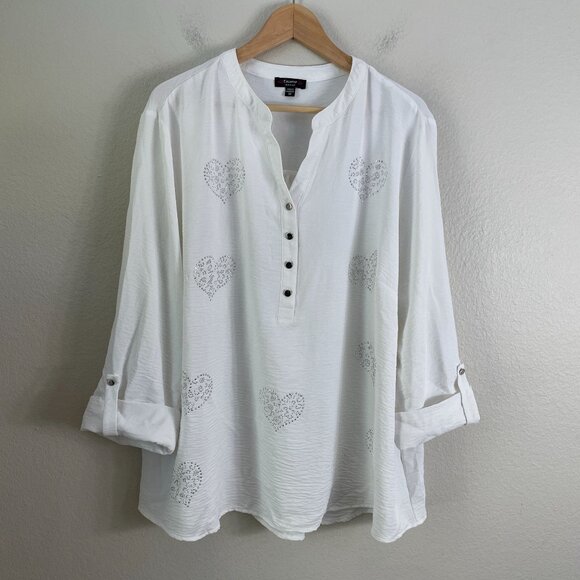 Cocomo Woman Plus 3X White Heart Print Tunic Top Blouse Roll Tab Sleeve Shirt - Picture 6 of 12